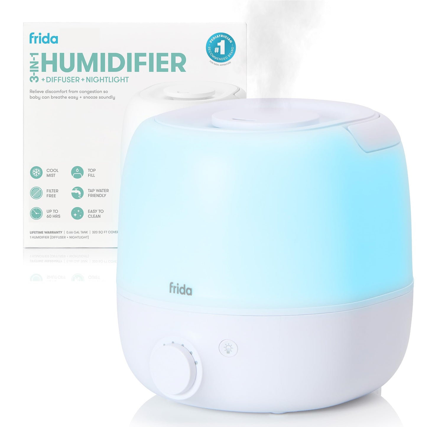 Frida Baby 3-In-1 Cool Mist Humidifier For Large Rooms, Top Fill Humidifier For Bedroom, Allergy Relief, 60 Hour Runtime + Nightlight, Auto Shut-Off, Quiet, Carry Handle, Essential Oil Diffuser