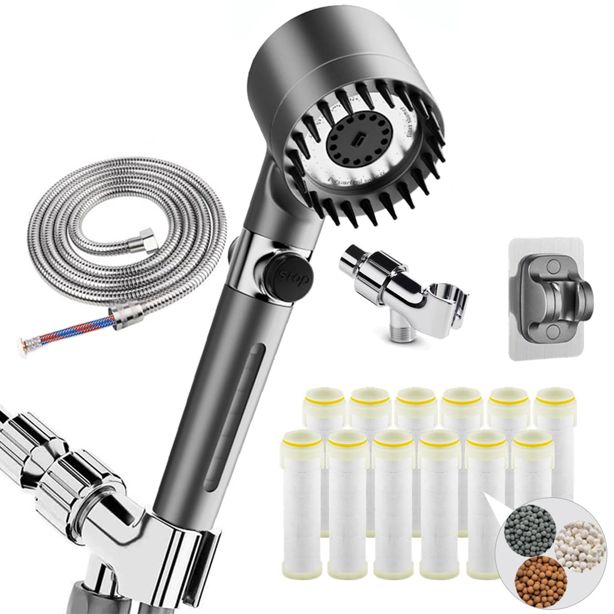 HOTIMO Filtered Shower Head With Handheld - High Pressure 3 Spray Modes Showerhead With Filters, 12 Replaceable Water Softener Filters For Hard Water | Ion Shower Drops Head With 75" Anti-Burst Hose