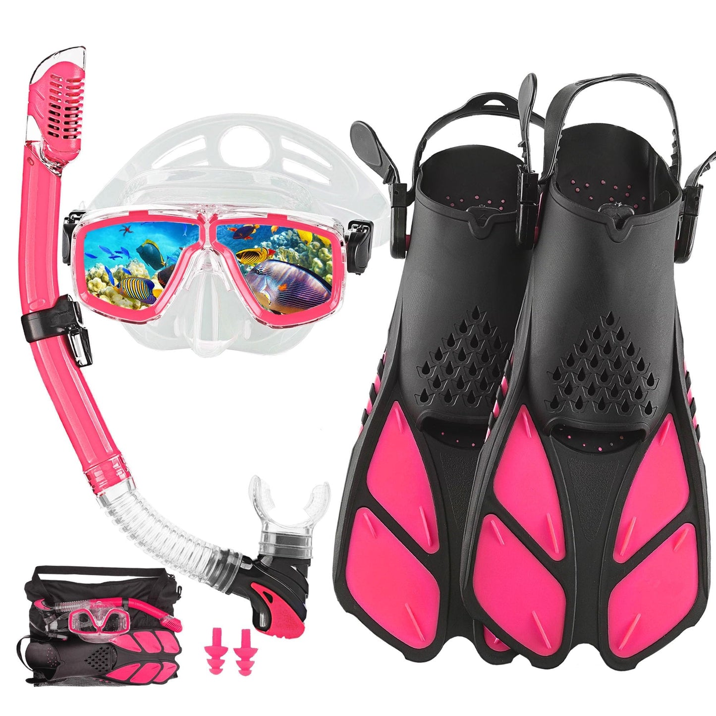 DiVLMT Snorkeling Gear For Adults With Fins Scuba Diving Gear Adult Professional Travel Snorkel Sets With Flippers,Anti-Fog Anti-Leak Diving Mask (Pink, US Men 9-13 | US Lady 10-14)