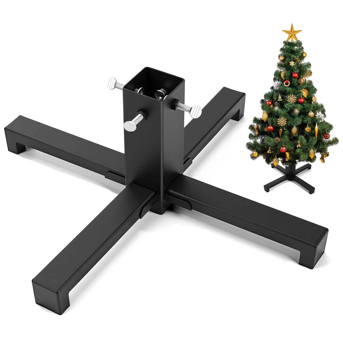 Hortsun Christmas Tree Stand Base For Artificial Real Live Trees Square Portable Iron Metal Holder, Fits Up To 7 FT Xmas Fake Trees With 2 Inch Diameter Pole Or Less Detachable Stand For Christmas