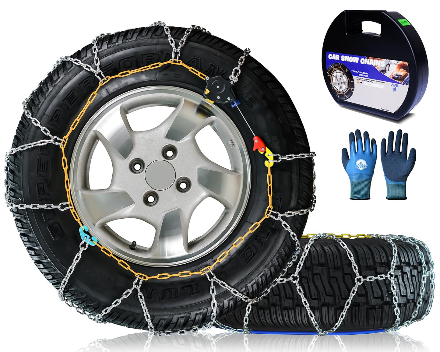 Snow-Chains Auto Fixing 1 Min Quick Fit Easy Installation Tire-Chains, Portable Reusable Universal Emergency Tire Traction Chain For Passenger Car, Pickup Trucks And SUV - Set Of 2 (HKN-140)