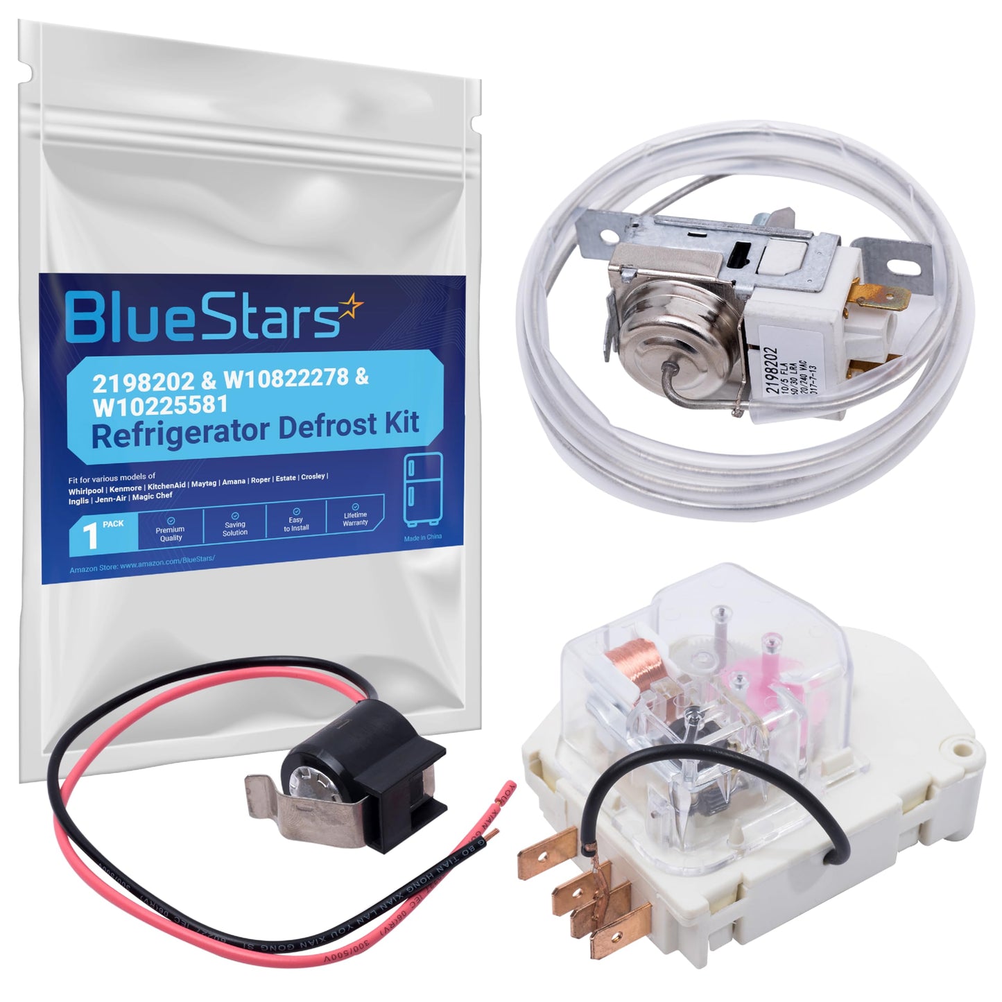 BlueStars Upgraded 2198202 Cold Control Thermostat W10822278 Defrost Timer W10225581 Bimetal Thermostat Refrigerator Defrost Complete Kit Replacement – Compatible With Whirlpool Kenmore Refrigerators