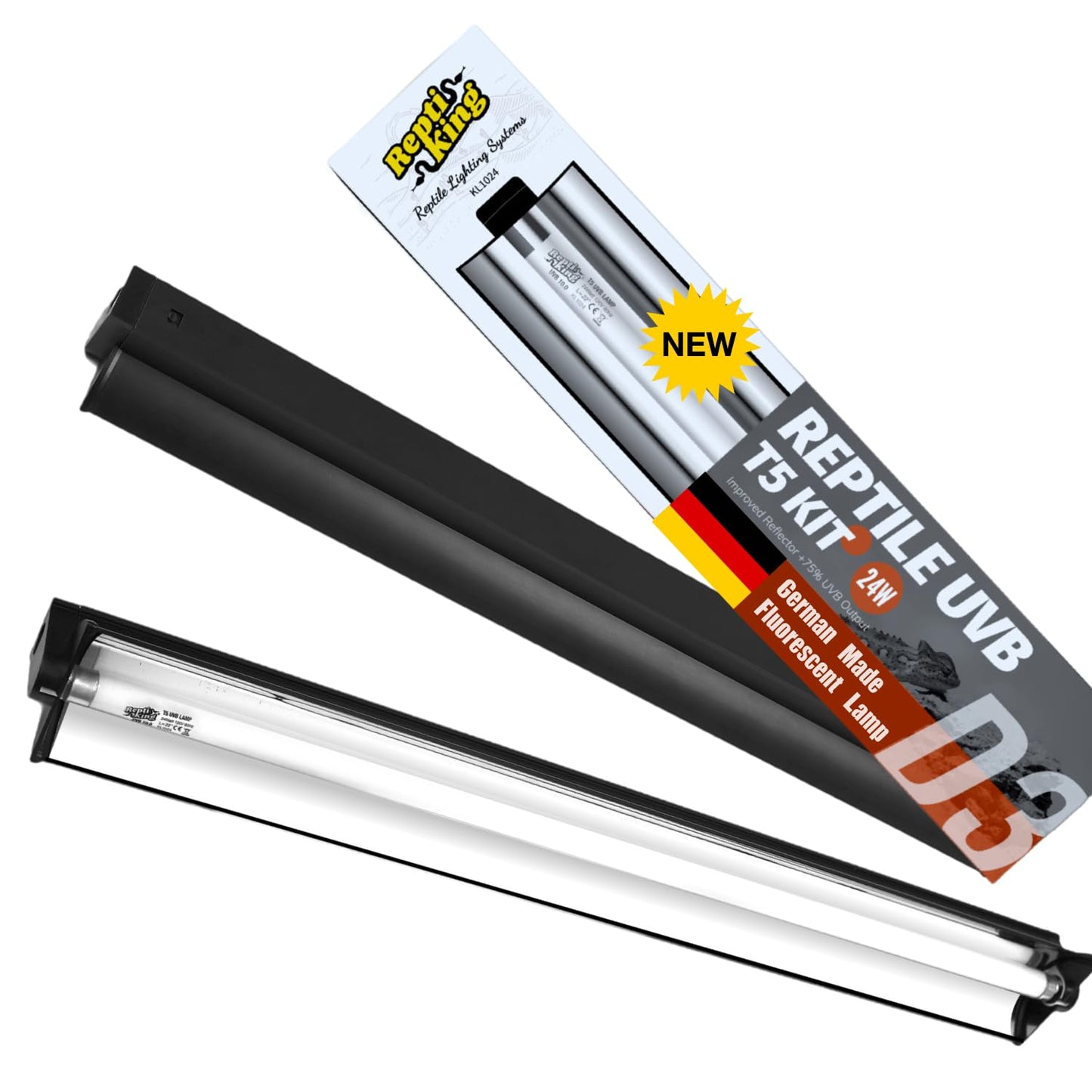 ReptiKing Upgraded T5 UVB Reptile Light, 10.0 UVB 24W German Made Fluorescent Lamp And Fixture Kit, For Desert-Dwelling Reptiles, Bearded Dragon UVB Lamp Bulb