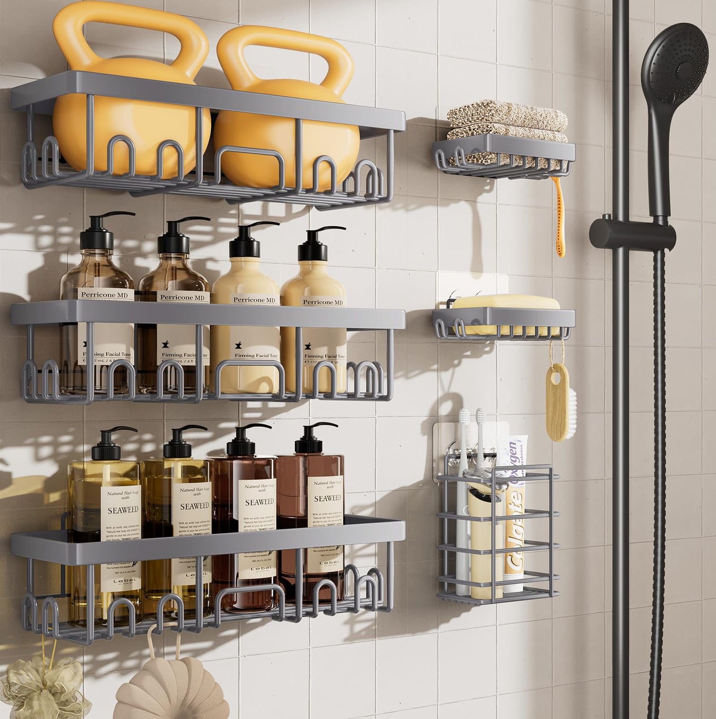 Veken 6-Pack Rustproof & Waterproof Shower Caddy, Adhesive Shelves Rack, Large Capacity Bathroom, College Dorm & Apartment Organizers, No-Drill Wall Mount Living Room & Bedroom Decor, Light Grey