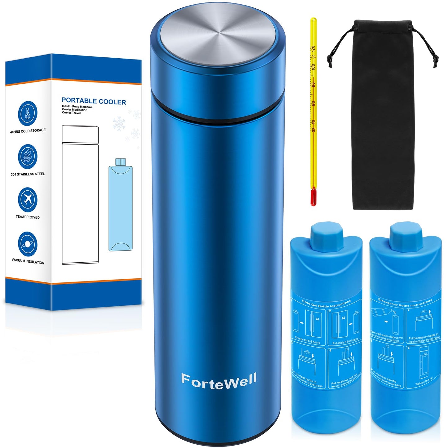 ForteWell Insulin Cooler Travel Case TSA Approved – 60H Insulin Pen Cooler For 2-3 Pens – Medication Travel Case With Cold Gel Bottle, Ideal For Diabetes Care & Injection Storage (Blue)