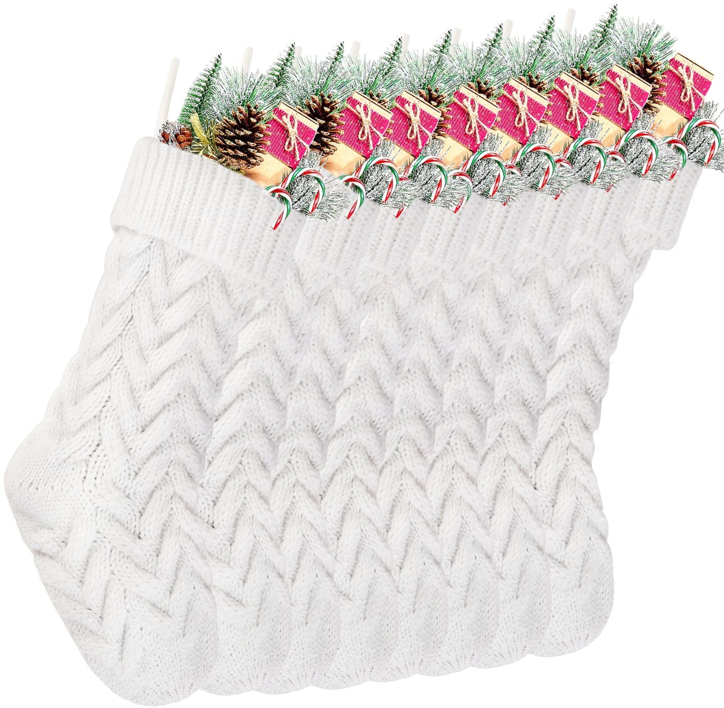Kunyida Christmas Stockings, 18 Inch White Cable Knitted Stockings For Xmas Holiday Decoration, 8 Pack