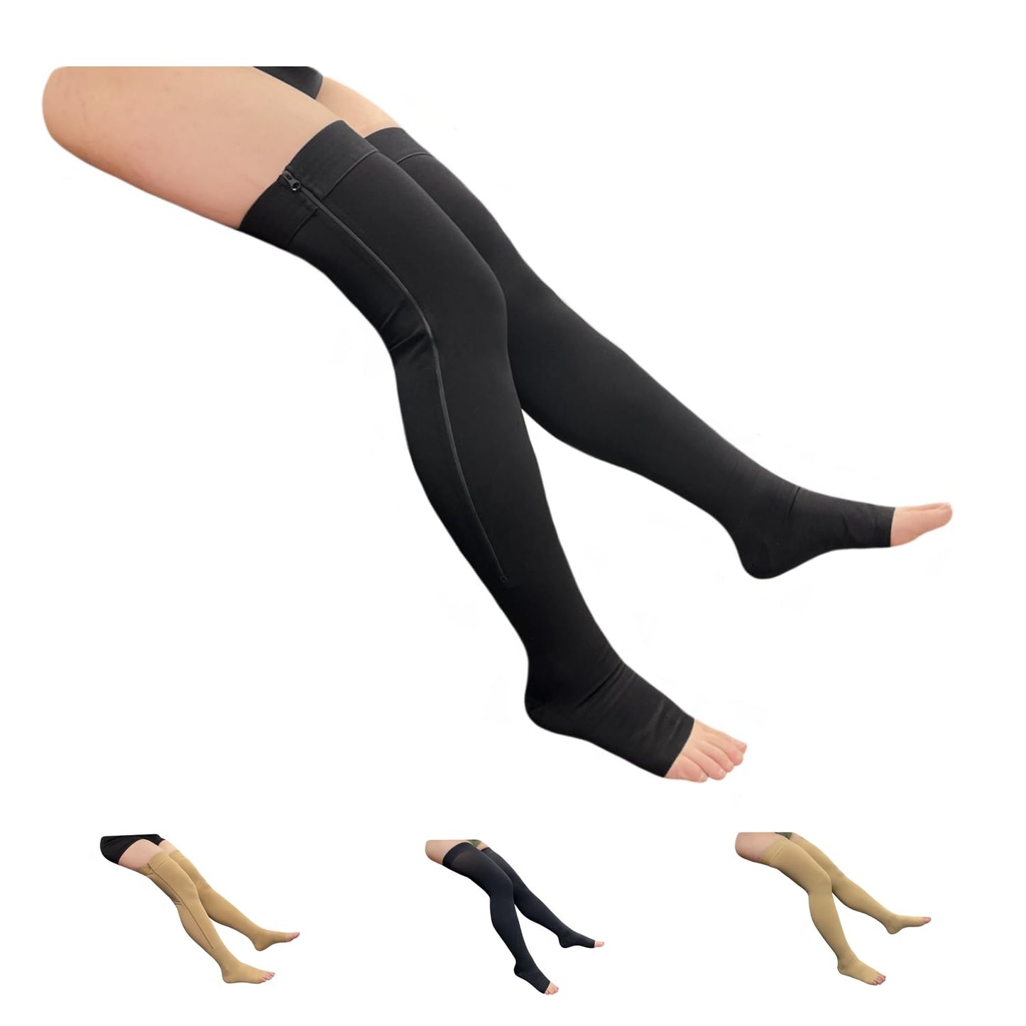 HealthyNees Open Toe 20-30 MmHg Compression Wide Leg Stocking Thigh High Zipper (4X-Large, With Zipper Black)