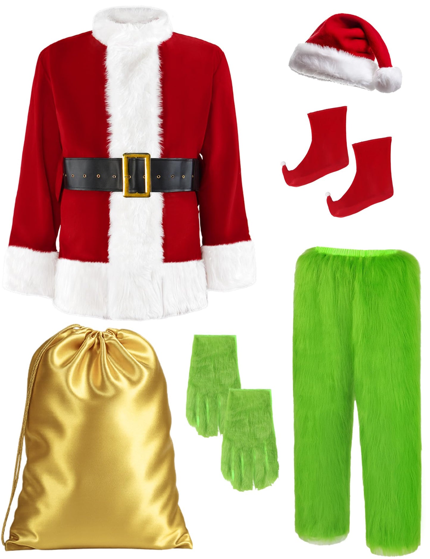 Earado Christmas Green Furry Monster Santa Costume For Men 8 PCS Deluxe Adult Santa Suit Xmas Holiday Outfit Set Include Mask L