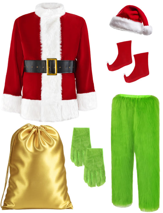 Earado Christmas Green Furry Monster Santa Costume For Men 8 PCS Deluxe Adult Santa Suit Xmas Holiday Outfit Set Include Mask L