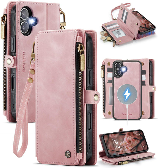 Defencase For IPhone 17 Magnetic Wallet Case Compatible With Magsafe With RFID Blocking Zipper Pocket & Card Holder For Women Men PU Leather Strap Detachable Case For IPhone 17 (6.3 Inch), Rose Pink