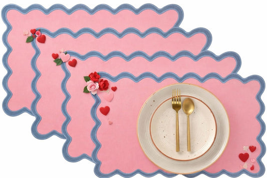 Folkulture Valentines Placemats Set Of 4 (13 X 19) |100% Cotton, Scalloped Pink Placemats For Dining Table Decor,Valentines Day Table Decorations | Pink Decor Place Mats Or Heat Resistant Table Mats