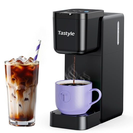 Tastyle Single Serve Coffee Maker Hot And Iced With Bold Brew, Small Coffee Machine For K Cup And Ground, Fits 7.3'' Travel Mug, Brews Up To 16 Oz, 5 Cup Sizes, For Office, RV& Hotel, Elegant Black