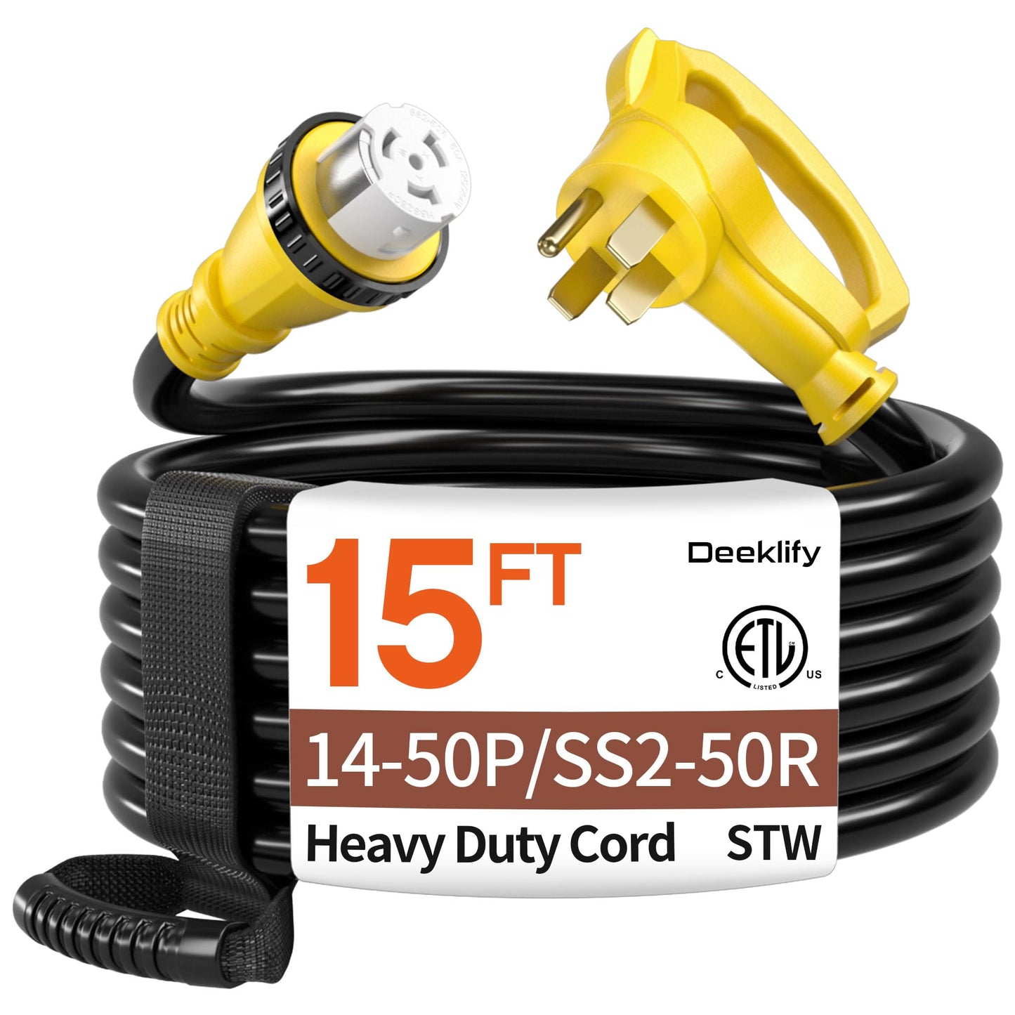 15FT 50 Amp Generator Cord, NEMA 14-50P/SS2-50R Heavy-Duty 4 Conductors Cable, Pure Copper STW RV Extension Cord, Female Plug With Twist Lock, Suitable For RV Or Camper, ETL Listed