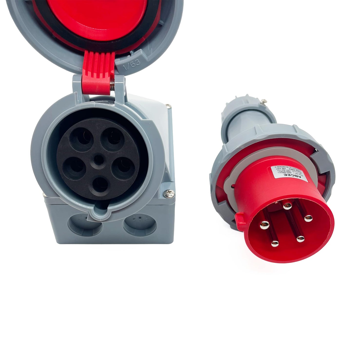 63A 5Pin Male+Surface-Mounted Receptacle Connector(Compatible With 60amp),IP67 Industrial Waterproof Connector 3Phase Plug & Socket,Wall Mounted Plug, IEC60309 3P+N+E 6H (1Set)