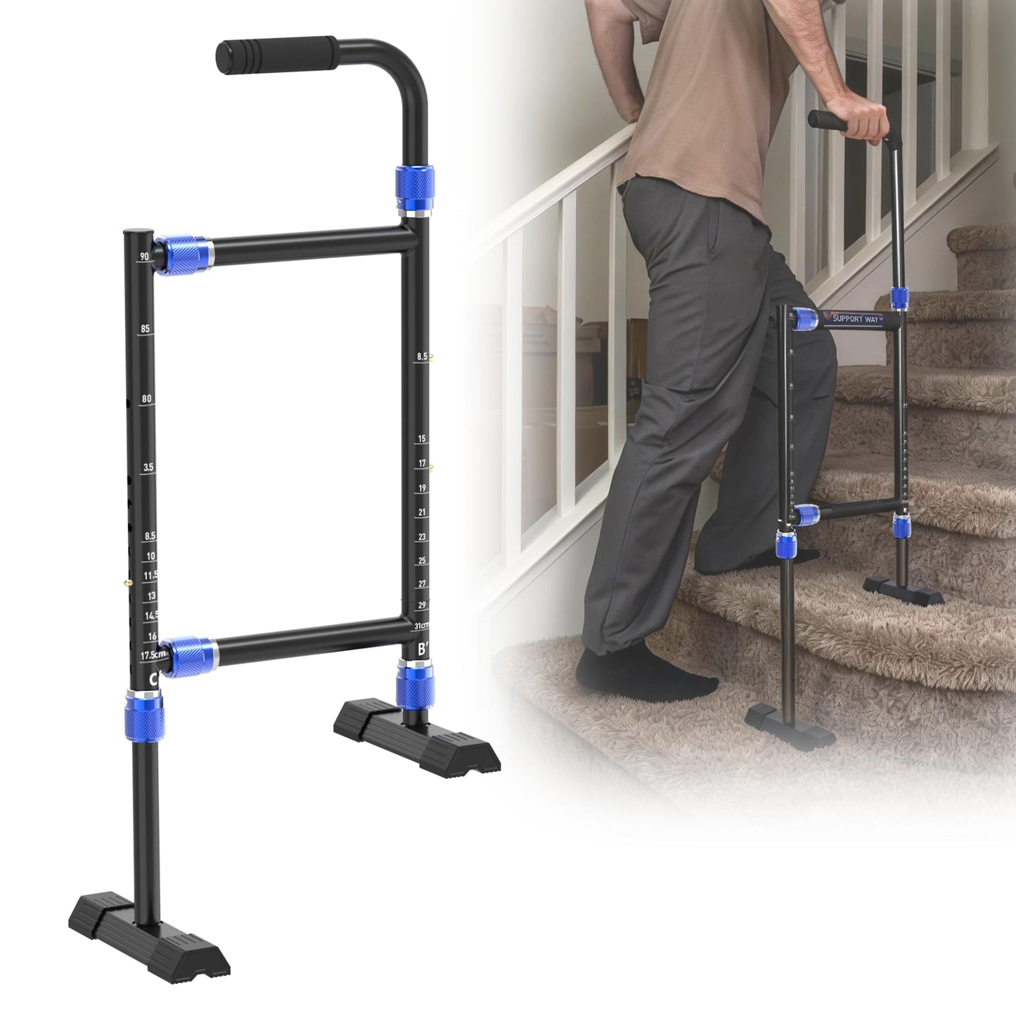 Height & Width Adjustable Stair Assist Cane For Seniors, Customizable To Fit Most Indoor/Outdoor Steps, Wide Anti-Slip Base, Professional Stair Climbing Assist Cane For Sore Knees & Post-Surgery